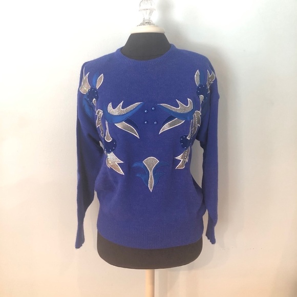 Vintage 1980s Embellished Blue Sweater M - Picture 1 of 8